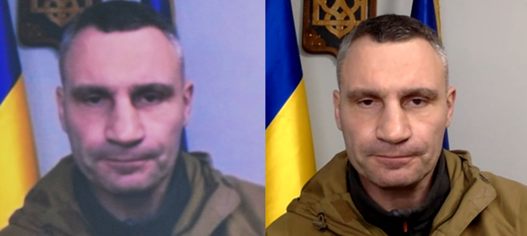 Links Vitali Klitschko, wie ihn Franziska Giffey zu sehen bekam – rechts, wie er mit einem ukrainischen Journalisten sprach.